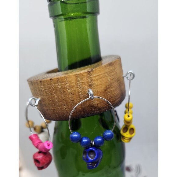 Skull Colorful Wine Glass Charms Set - 6  Themed Unique Charms With Beads & Wood - Picture 12 of 14